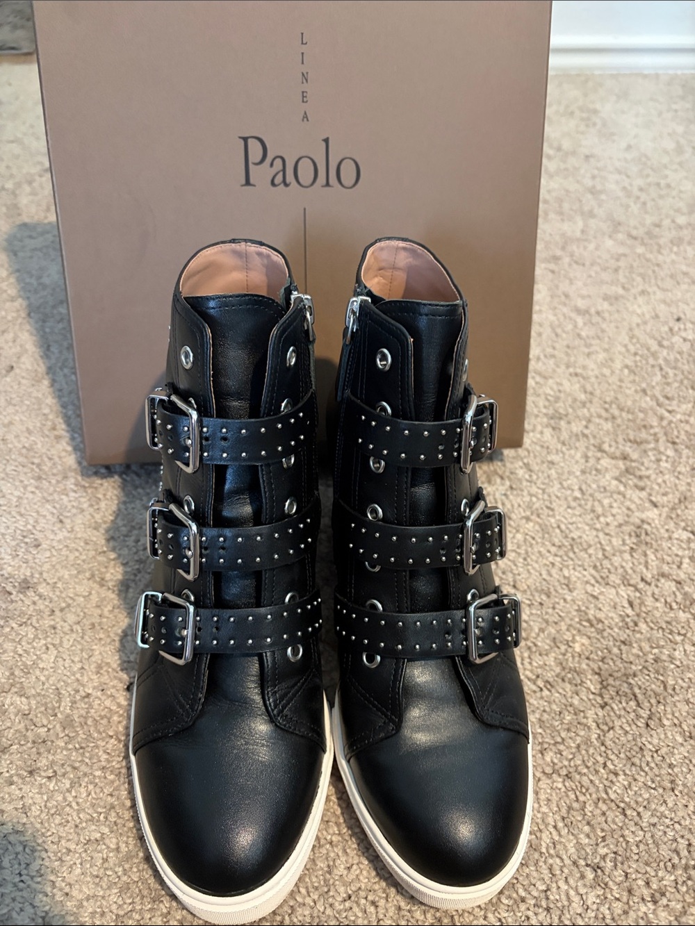 Paolo Black Leather Buckle-Trim High-Top Sneakers